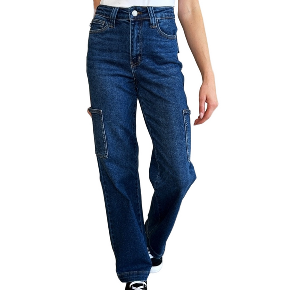 Judy Blue Denim - Judy Blue High Waist Wide Leg Dark Blue Denim Cargo Jeans size 29